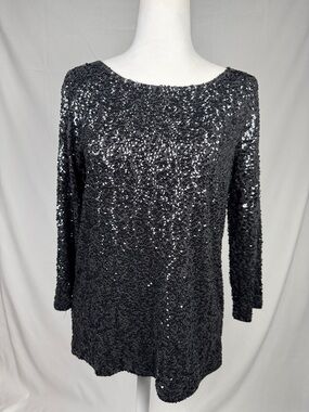 J. Crew Black Sequin Long-Sleeve Scoop Neck Top